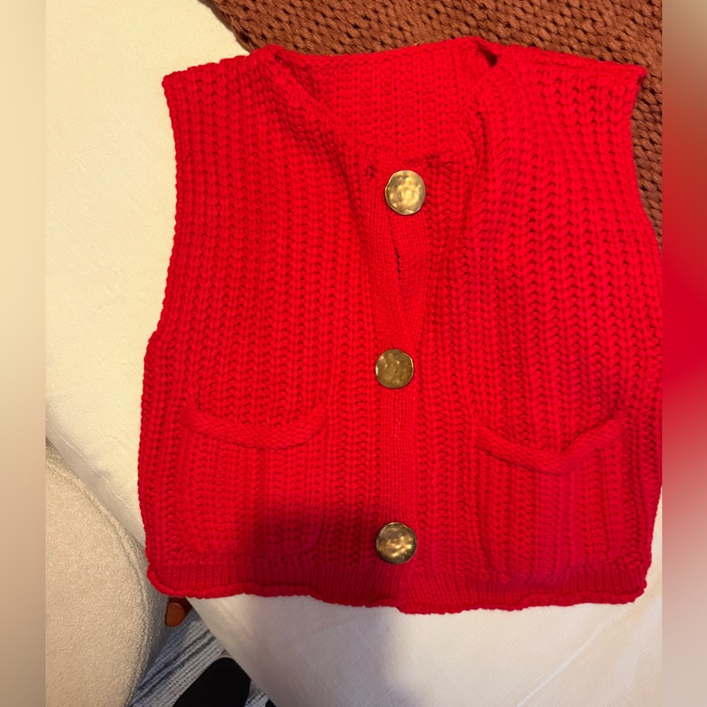 Commense Red Knit Vest with Gold Buttons